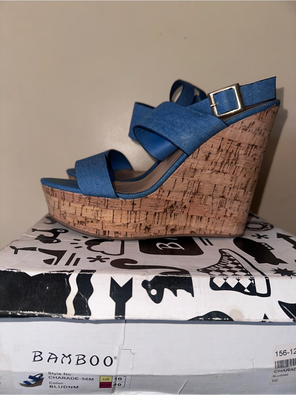 BAMBOO Blue Cork Platform Wedge Sandals with Buckle